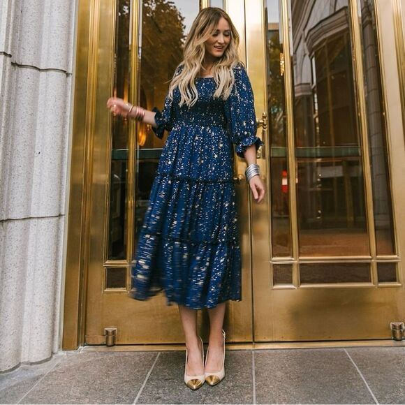 Ivy City Co Starry Nights Dress Navy Blue Gold Stars Size Medium - Picture 2 of 7